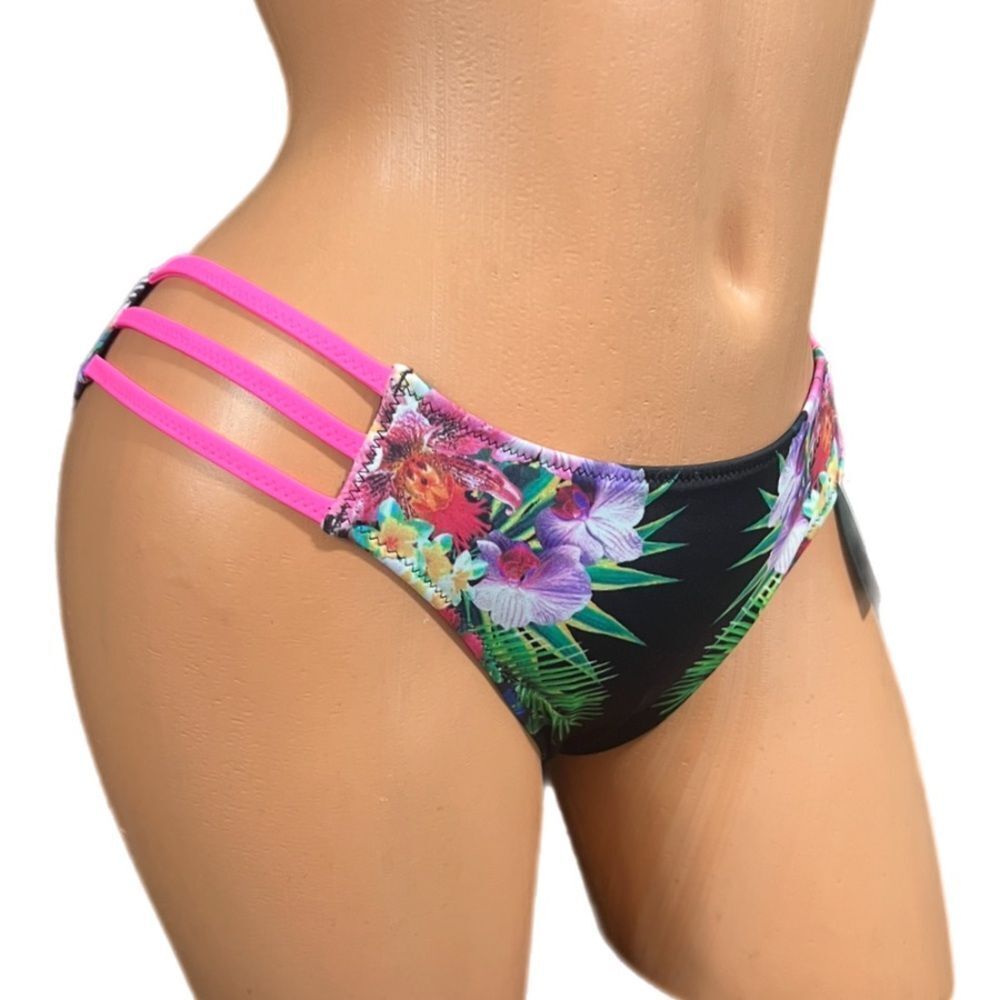 Victoria’s Secret Swim Strappy Bikini Bottom black floral Large